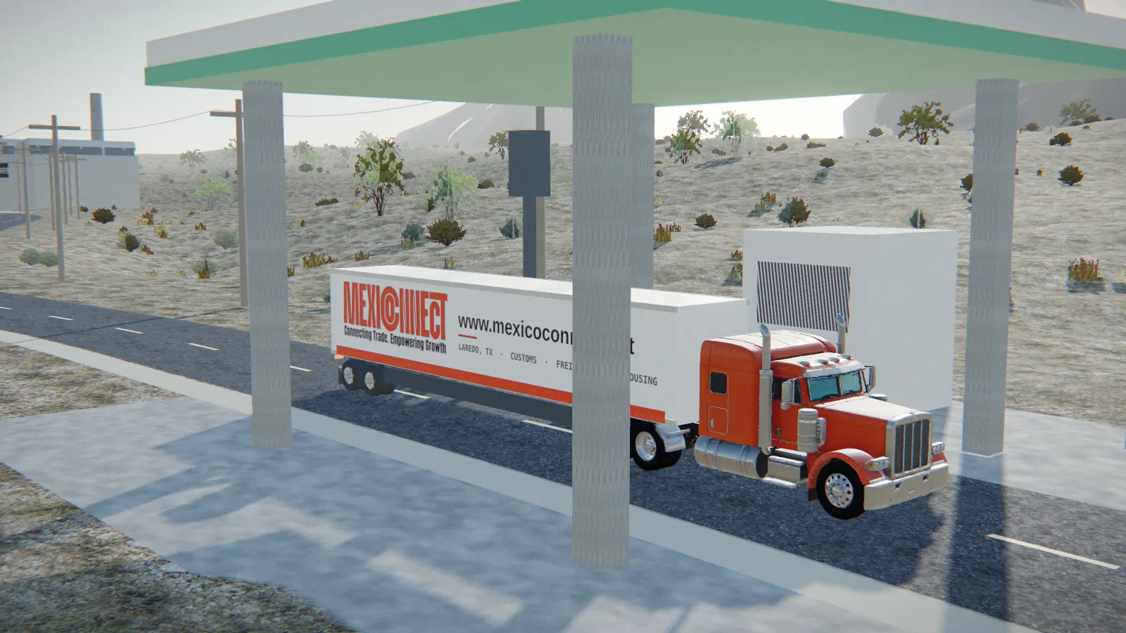 3D illustration of a Mexico Connect truck at a Mexican customs (aduana) checkpoint