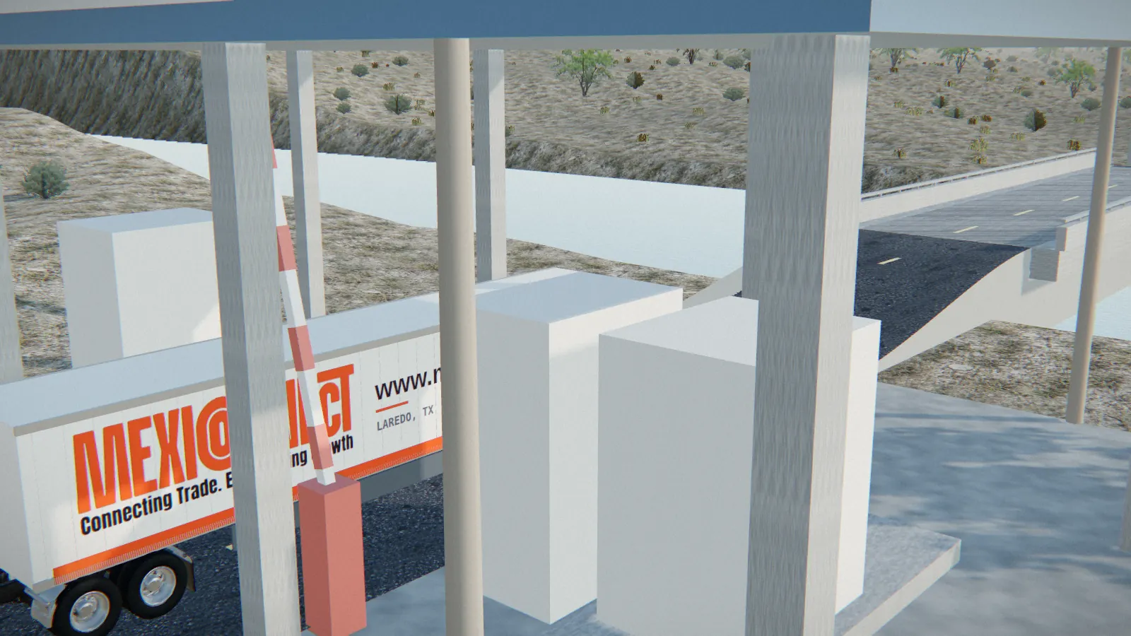 3D illustration of an orange tractor-trailer with the Mexico Connect logo passing a U.S. port of entry inspection lane