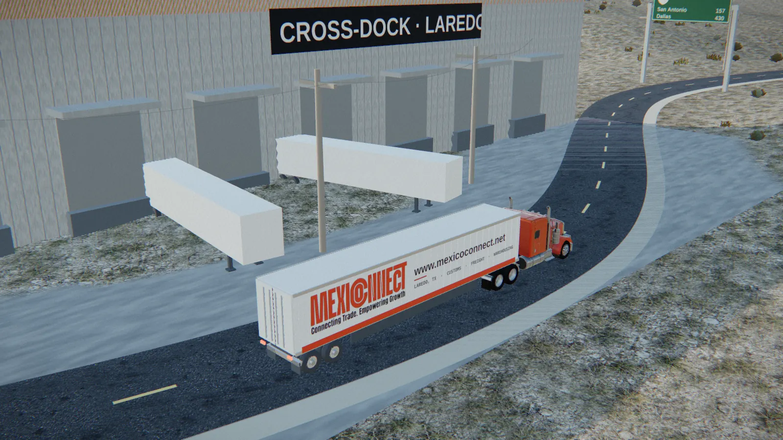 Ilustración 3D de un tráiler de Mexico Connect en un cross-dock de Laredo con cajas en los andenes
