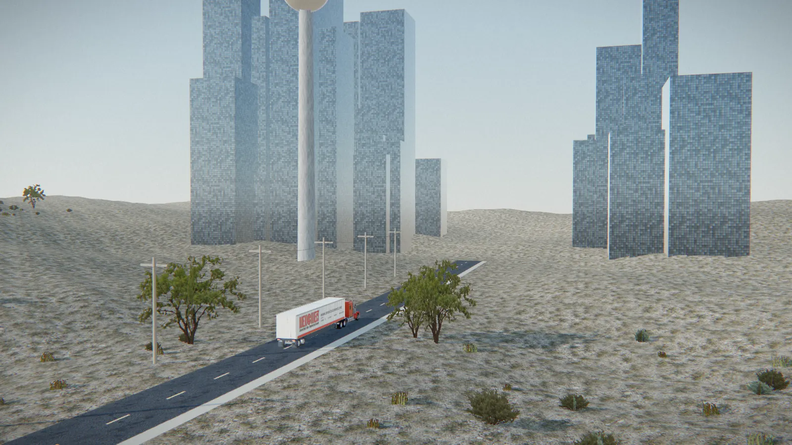 3D illustration of a Mexico Connect truck on the highway toward the Dallas skyline