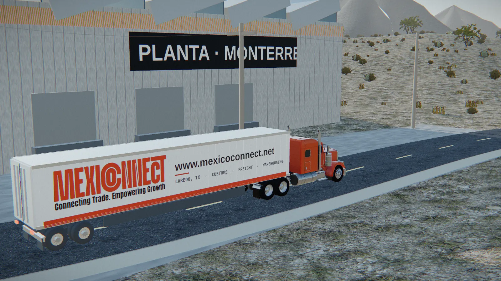 3D illustration of a Mexico Connect trailer leaving a factory in Monterrey