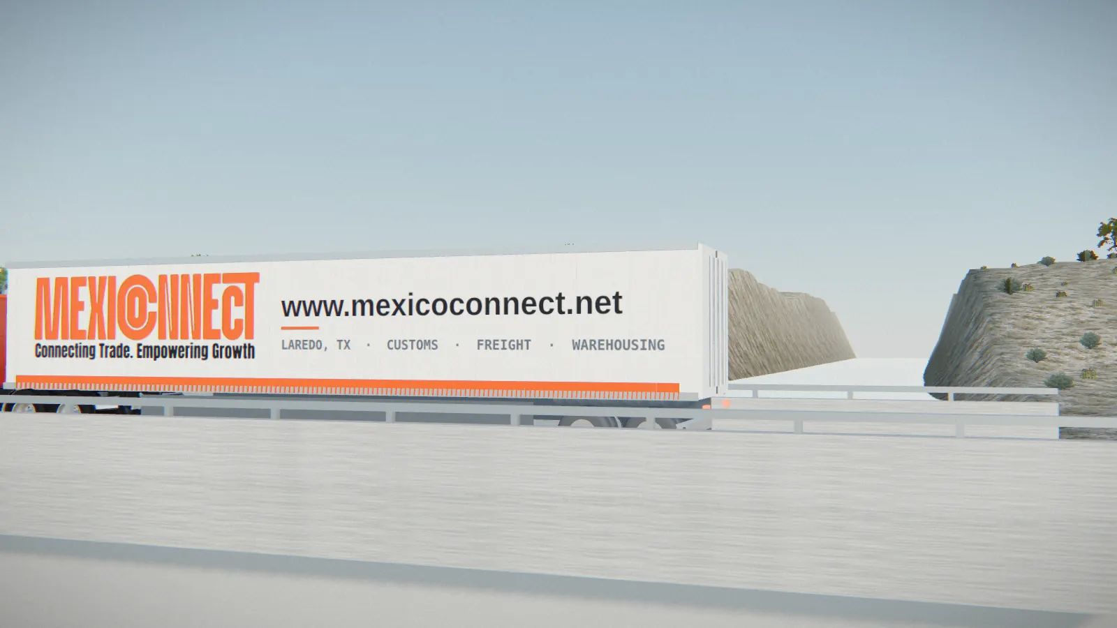 3D illustration of a Mexico Connect trailer crossing a bridge over the Rio Grande
